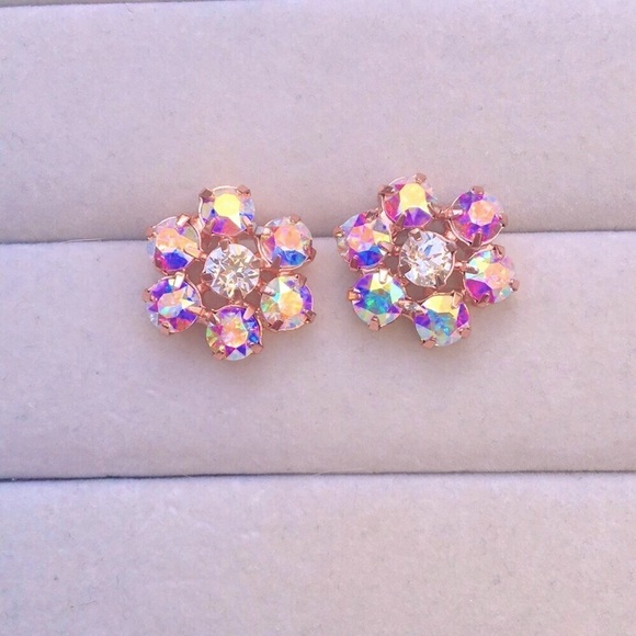 Aurora Borealis Rose Gold Crystal Flower Statement Earrings - Picture 4 of 5